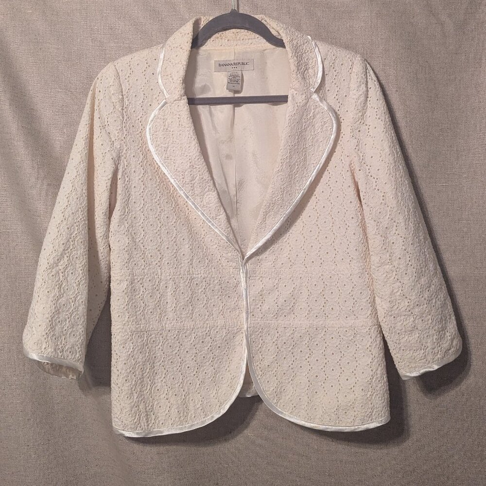Banana Republic Eyelet Blazer Ivory Lined 3/4 Sleeves Ribbon Trimmed, Size 14